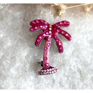 Fuchsia Pink Rhinestoned Palm Tree Figural Vintage Costume Jewelry Brooch